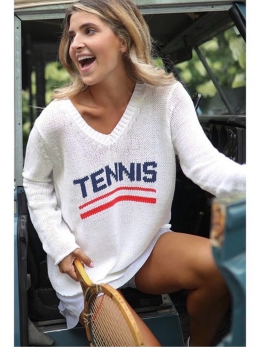 Wooden Ships White V-Neck Sweater Sporty Style